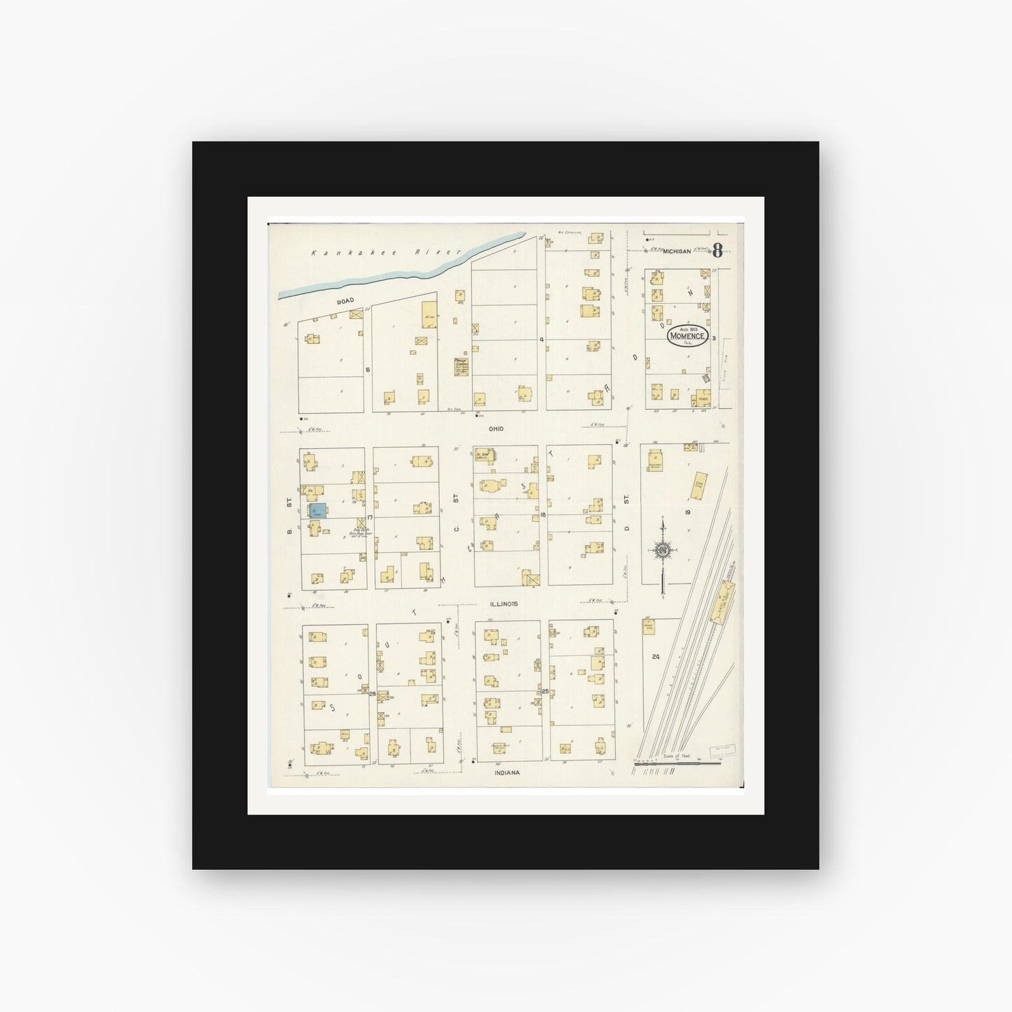 Old map wall art mockup — black gallery frame with white mat — Sanborn Fire Insurance Map from Momence, Kankakee County, Illinois (1913), Sheet #0008
