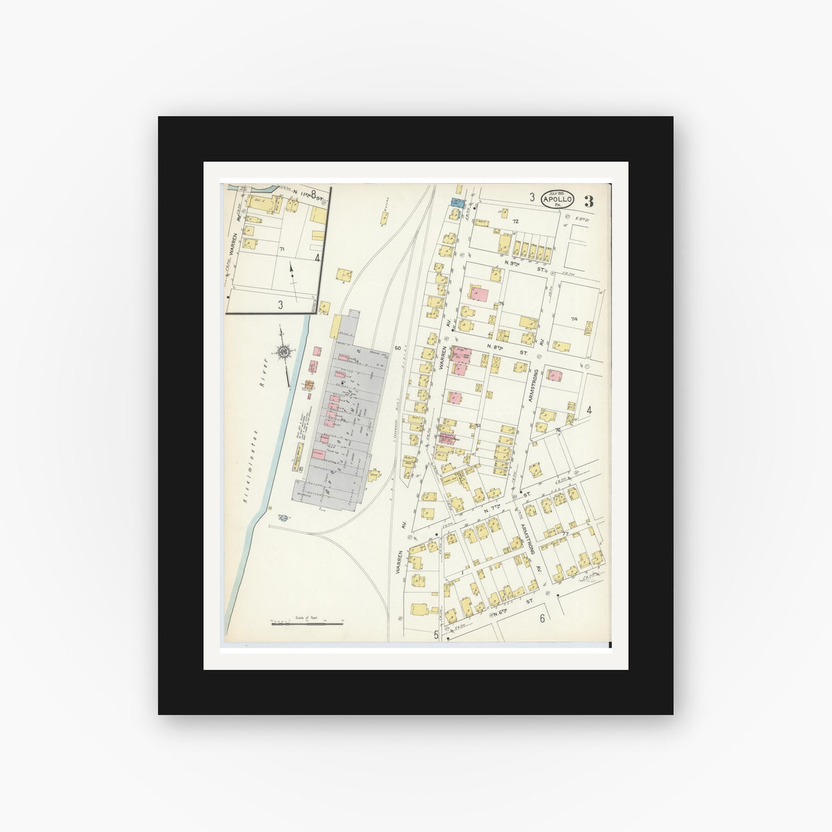 Old map wall art mockup — black gallery frame with white mat — Sanborn Fire Insurance Map from Apollo, Armstrong County, Pennsylvania (1915), Sheet #0003