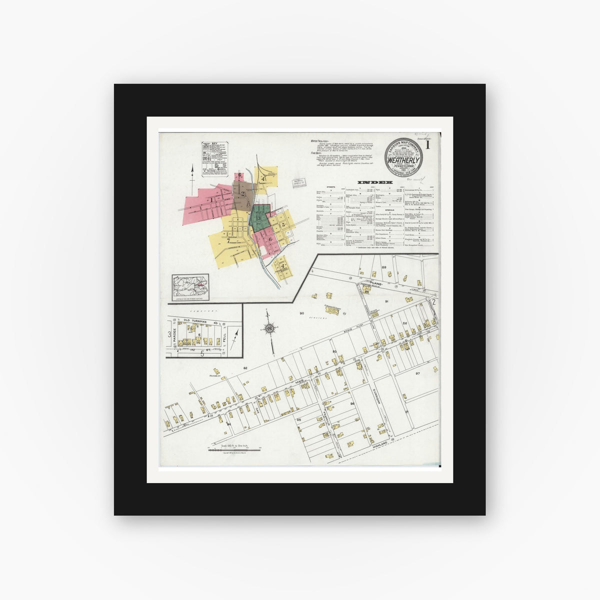 Old map wall art mockup — black gallery frame with white mat — Sanborn Fire Insurance Map from Weatherly, Carbon County, Pennsylvania (1921) - Complete Map Set