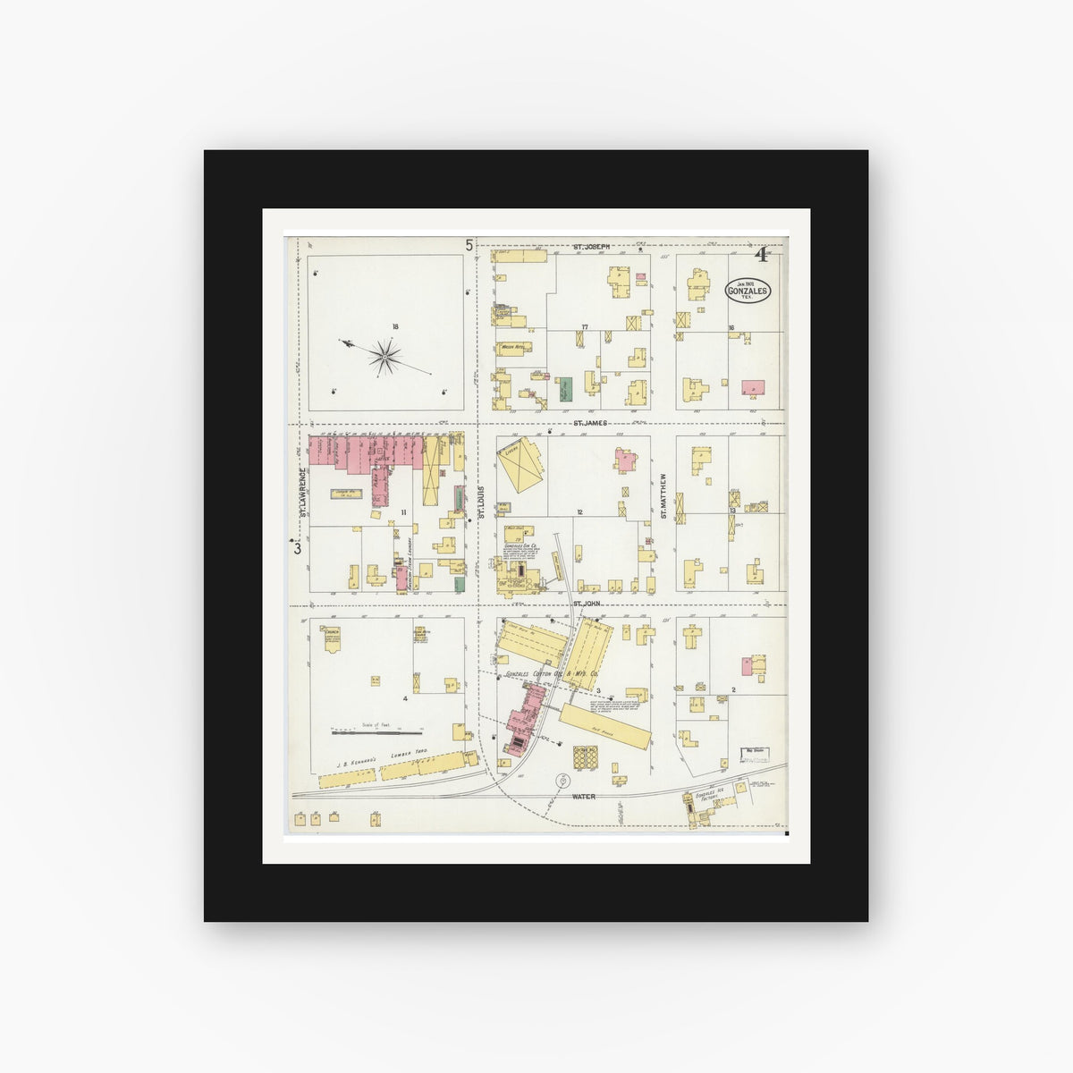 Old map wall art mockup — black gallery frame with white mat — Sanborn Fire Insurance Map from Gonzales, Gonzales County, Texas (1902), Sheet #0004