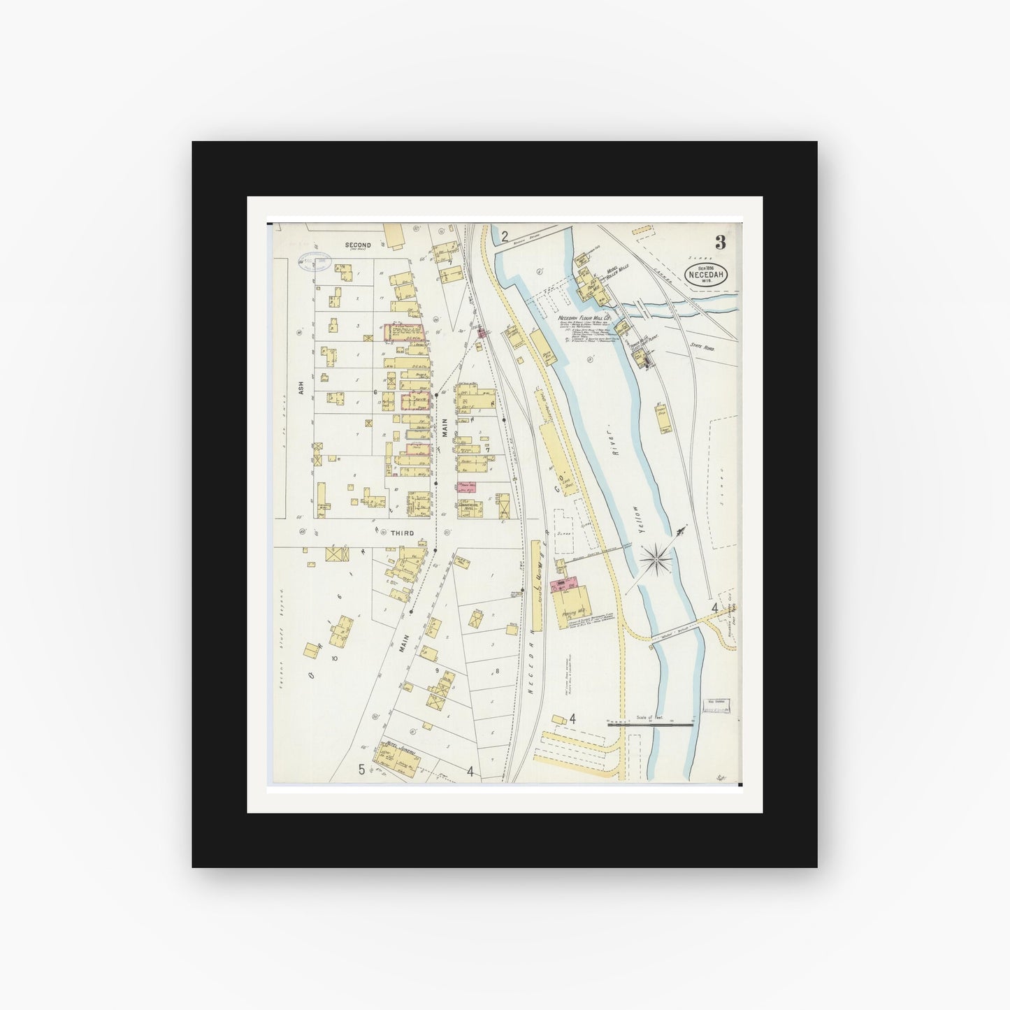 Old map wall art mockup — black gallery frame with white mat — Sanborn Fire Insurance Map from Necedah, Juneau County, Wisconsin (1898), Sheet #0003