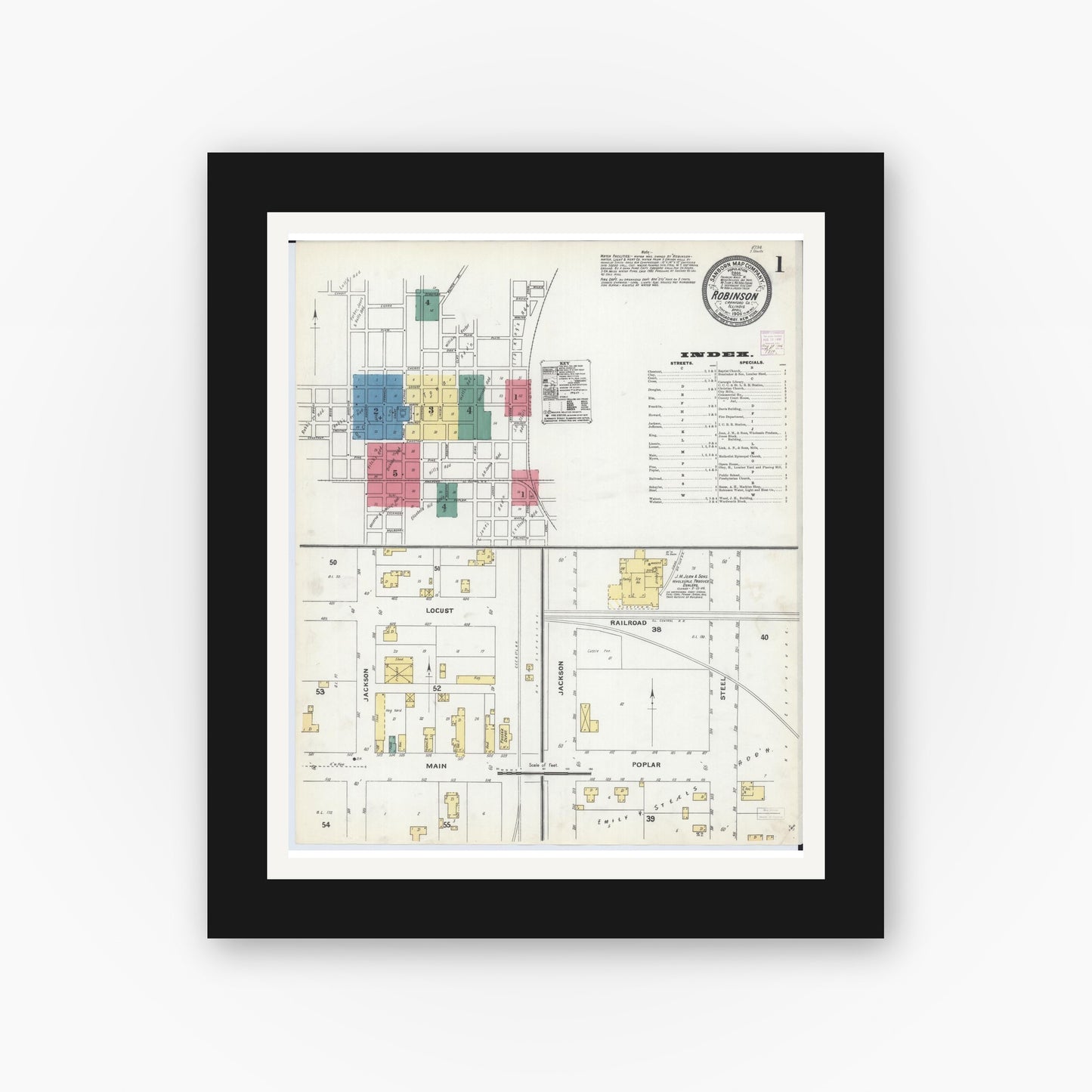 Old map wall art mockup — black gallery frame with white mat — Sanborn Fire Insurance Map from Robinson, Crawford County, Illinois (1906) - Complete Map Set