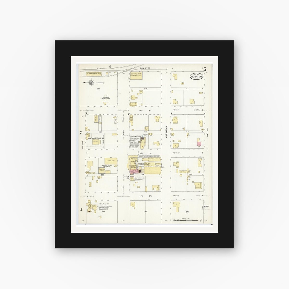 Old map wall art mockup — black gallery frame with white mat — Sanborn Fire Insurance Map from Hempstead, Waller County, Texas (1912), Sheet #0005