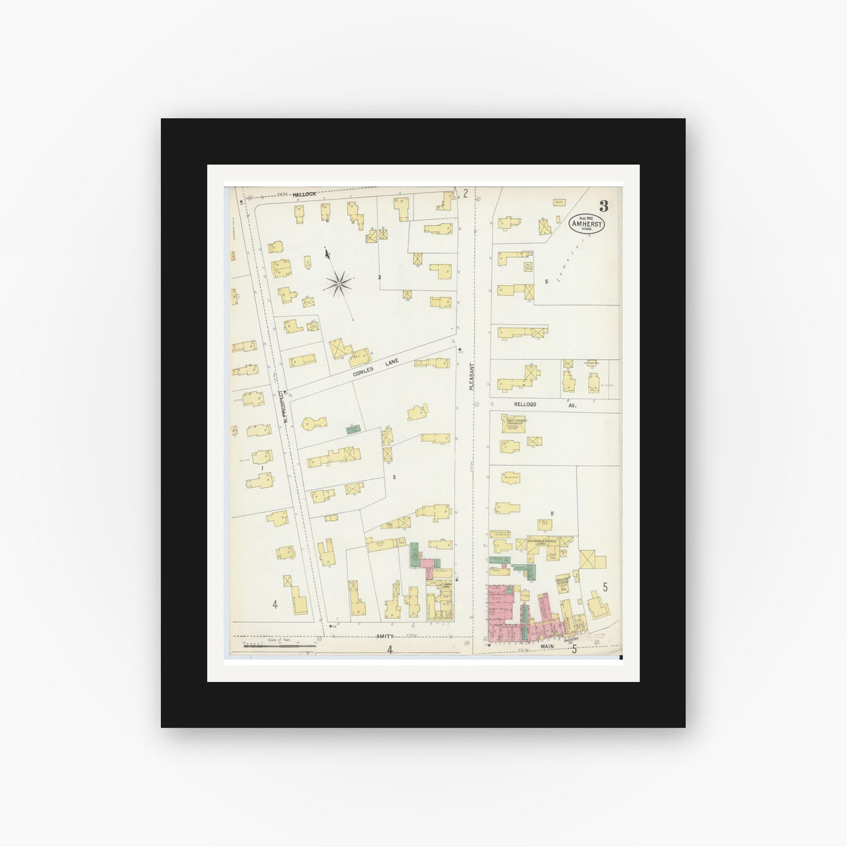 Old map wall art mockup — black gallery frame with white mat — Sanborn Fire Insurance Map from Amherst, Hampshire County, Massachusetts (1902), Sheet #0003