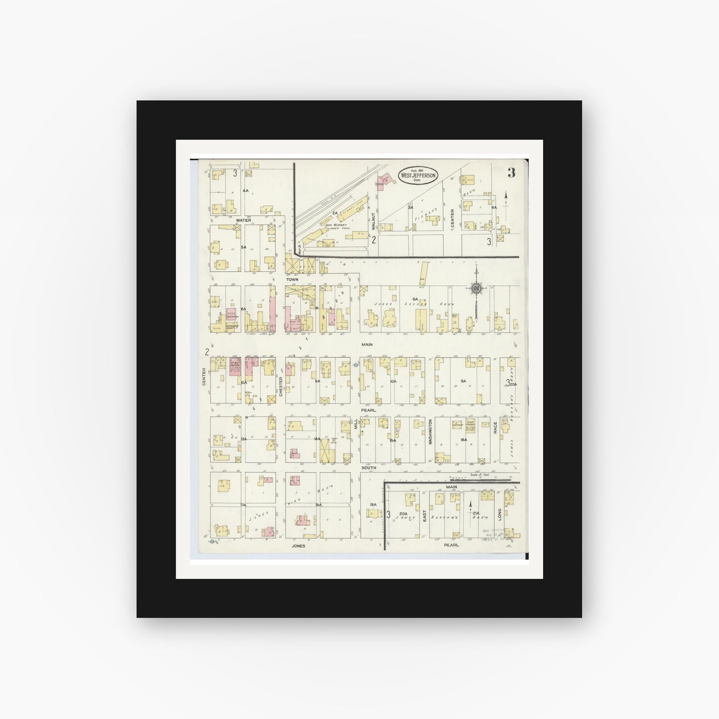 Old map wall art mockup — black gallery frame with white mat — Sanborn Fire Insurance Map from West Jefferson, Madison County, Ohio (1910), Sheet #0003