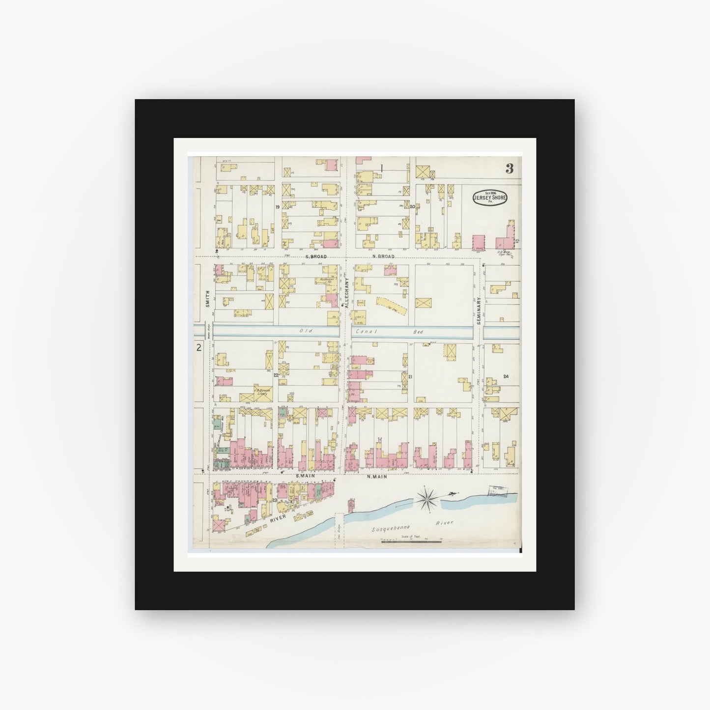 Old map wall art mockup — black gallery frame with white mat — Sanborn Fire Insurance Map from Jersey Shore, Lycoming County, Pennsylvania (1896), Sheet #0003