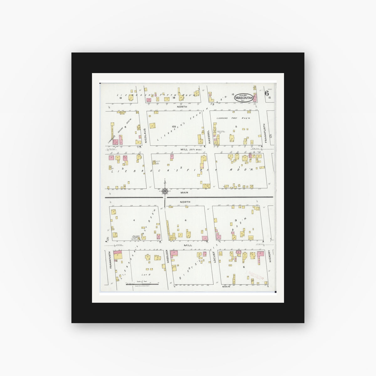 Old map wall art mockup — black gallery frame with white mat — Sanborn Fire Insurance Map from Mascoutah, Saint Clair County, Illinois (1921), Sheet #0006