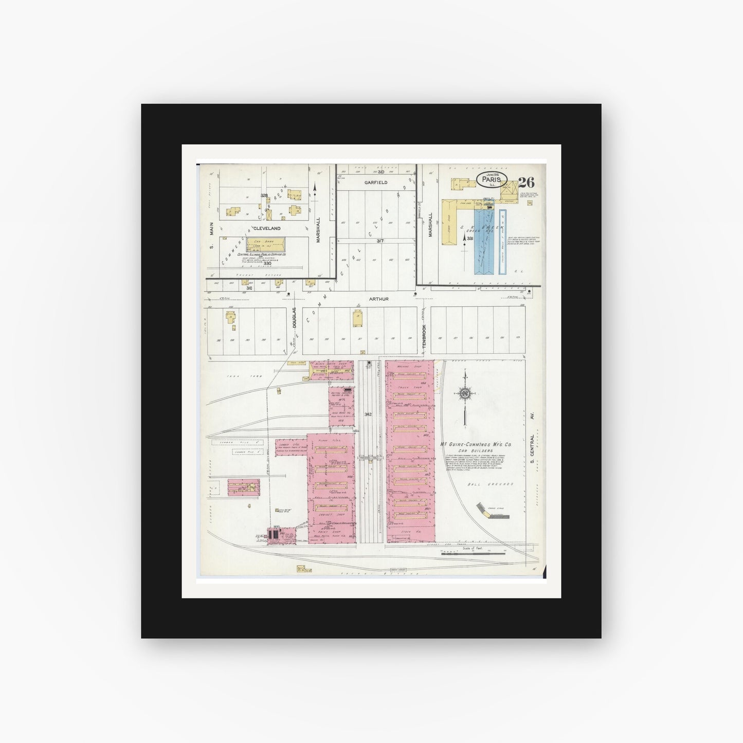 Old map wall art mockup — black gallery frame with white mat — Sanborn Fire Insurance Map from Paris, Edgar County, Illinois (1916), Sheet #0026
