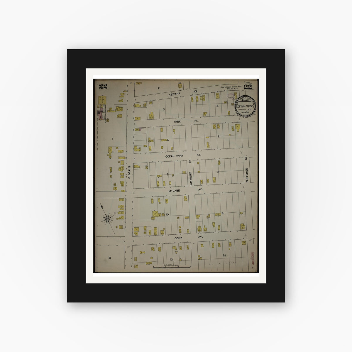 Old map wall art mockup — black gallery frame with white mat — Sanborn Fire Insurance Map from New Jersey Coast, New Jersey Coast, New Jersey (1890), Sheet #0022