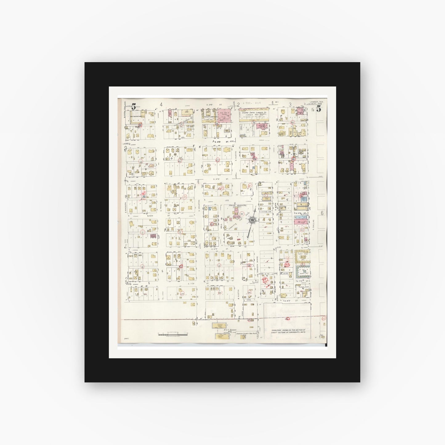 Old map wall art mockup — black gallery frame with white mat — Sanborn Fire Insurance Map from Lamesa, Dawson County, Texas (1948), Sheet #0005