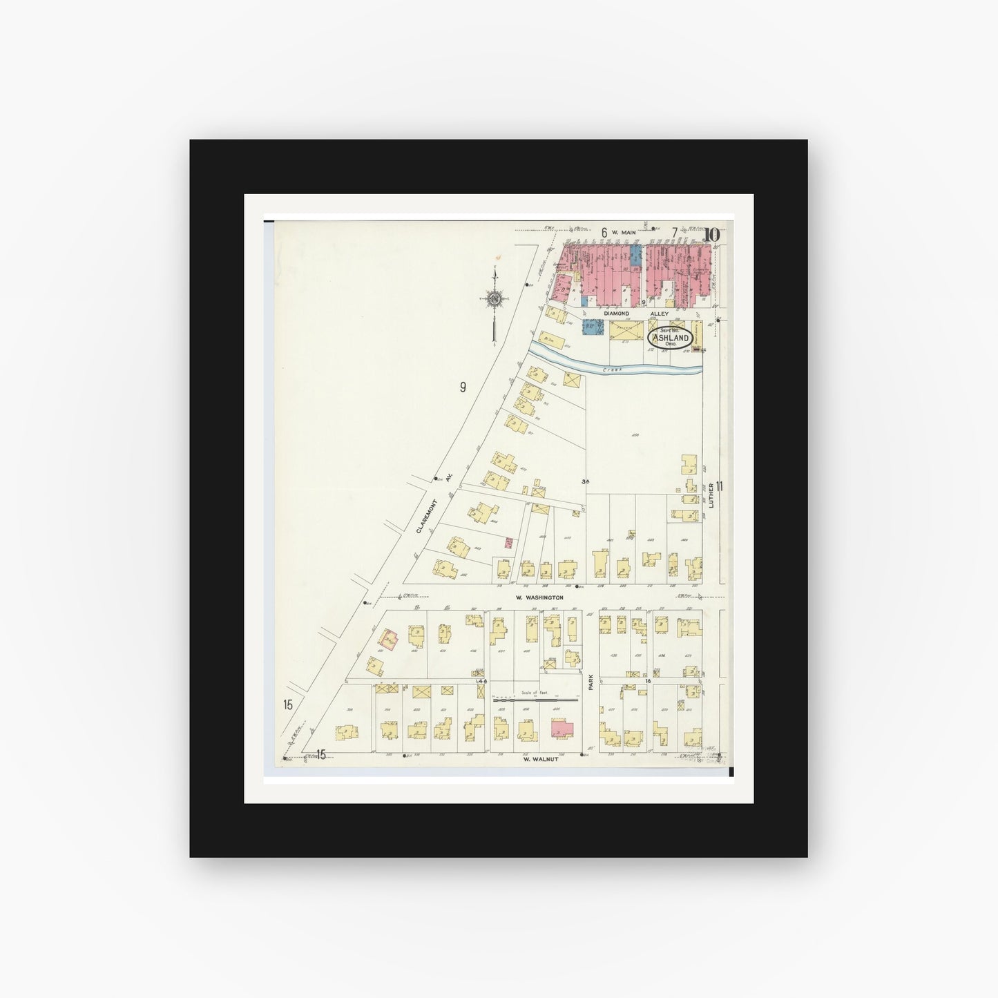 Old map wall art mockup — black gallery frame with white mat — Sanborn Fire Insurance Map from Ashland, Ashland County, Ohio (1911), Sheet #0010