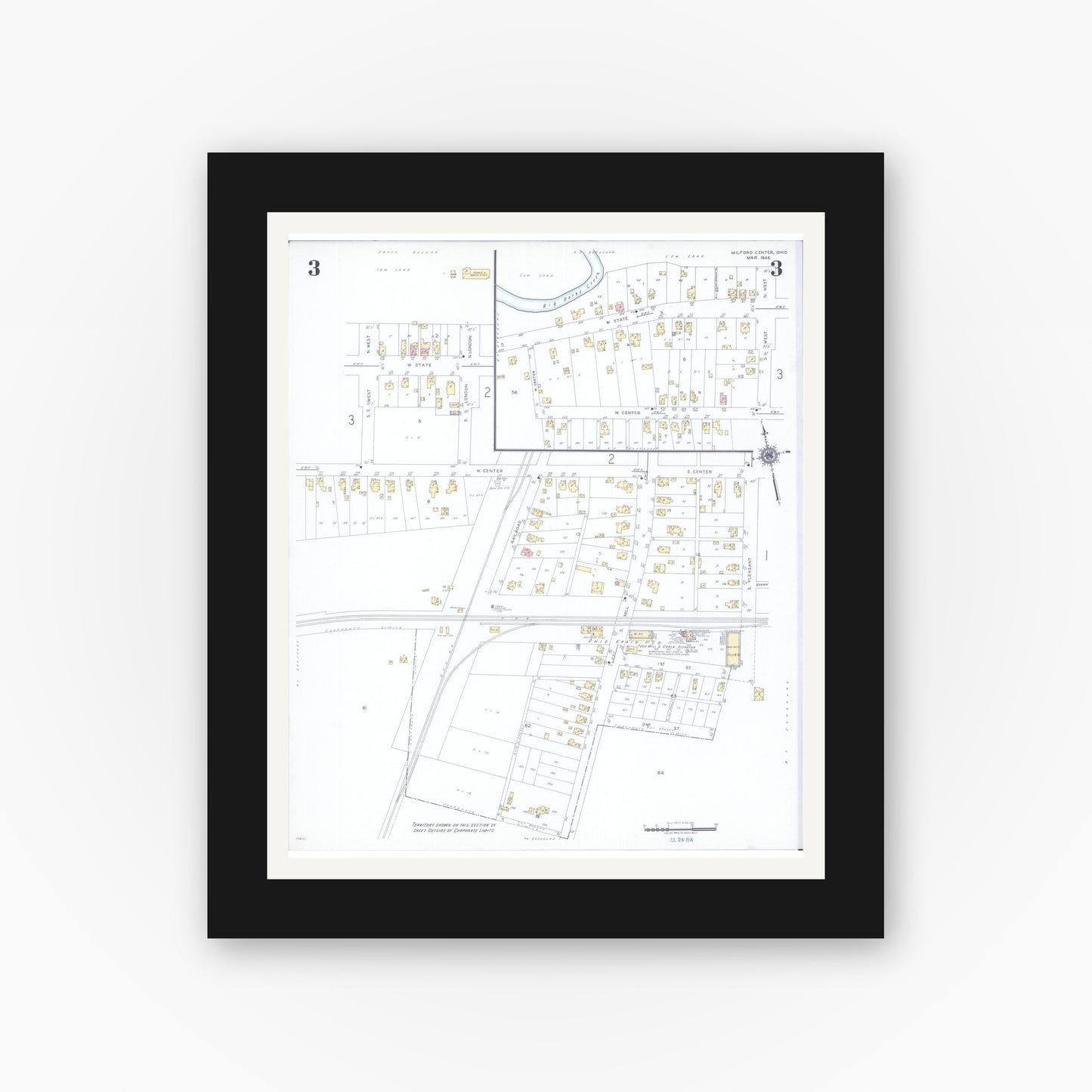 Old map wall art mockup — black gallery frame with white mat — Sanborn Fire Insurance Map from Milford Center, Union County, Ohio (1946), Sheet #0003
