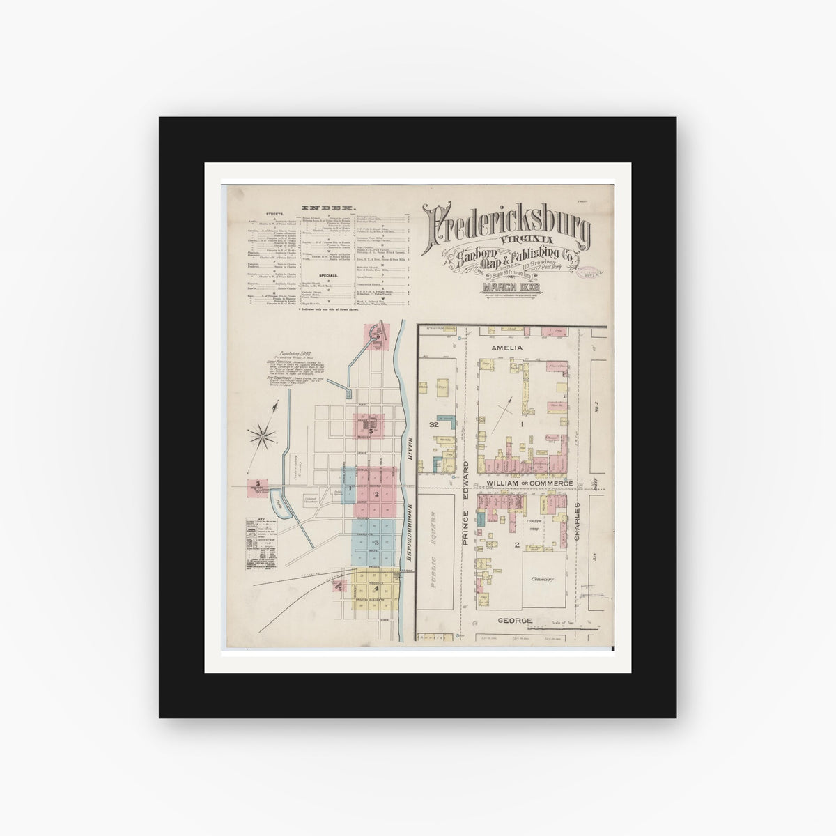 Old map wall art mockup — black gallery frame with white mat — Sanborn Fire Insurance Map from Fredericksburg, Independent Cities, Virginia (1886) - Complete Map Set