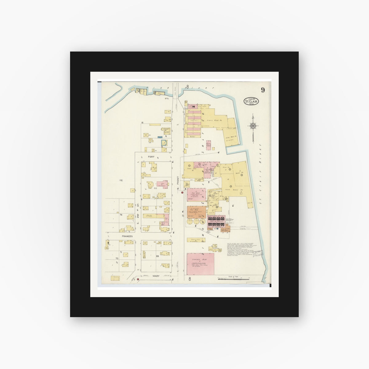 Old map wall art mockup — black gallery frame with white mat — Sanborn Fire Insurance Map from Saint Clair, Saint Clair County, Michigan (1913), Sheet #0009