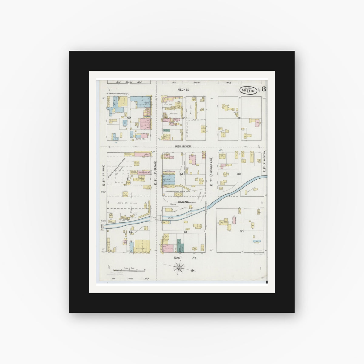Old map wall art mockup — black gallery frame with white mat — Sanborn Fire Insurance Map from Austin, Travis County, Texas (1889), Sheet #0008