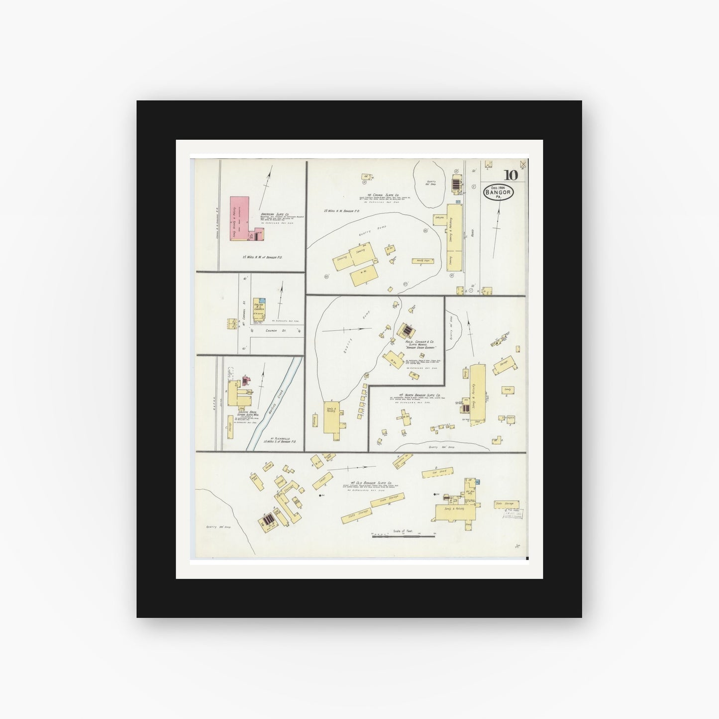 Old map wall art mockup — black gallery frame with white mat — Sanborn Fire Insurance Map from Bangor, Northampton County, Pennsylvania (1904), Sheet #0010