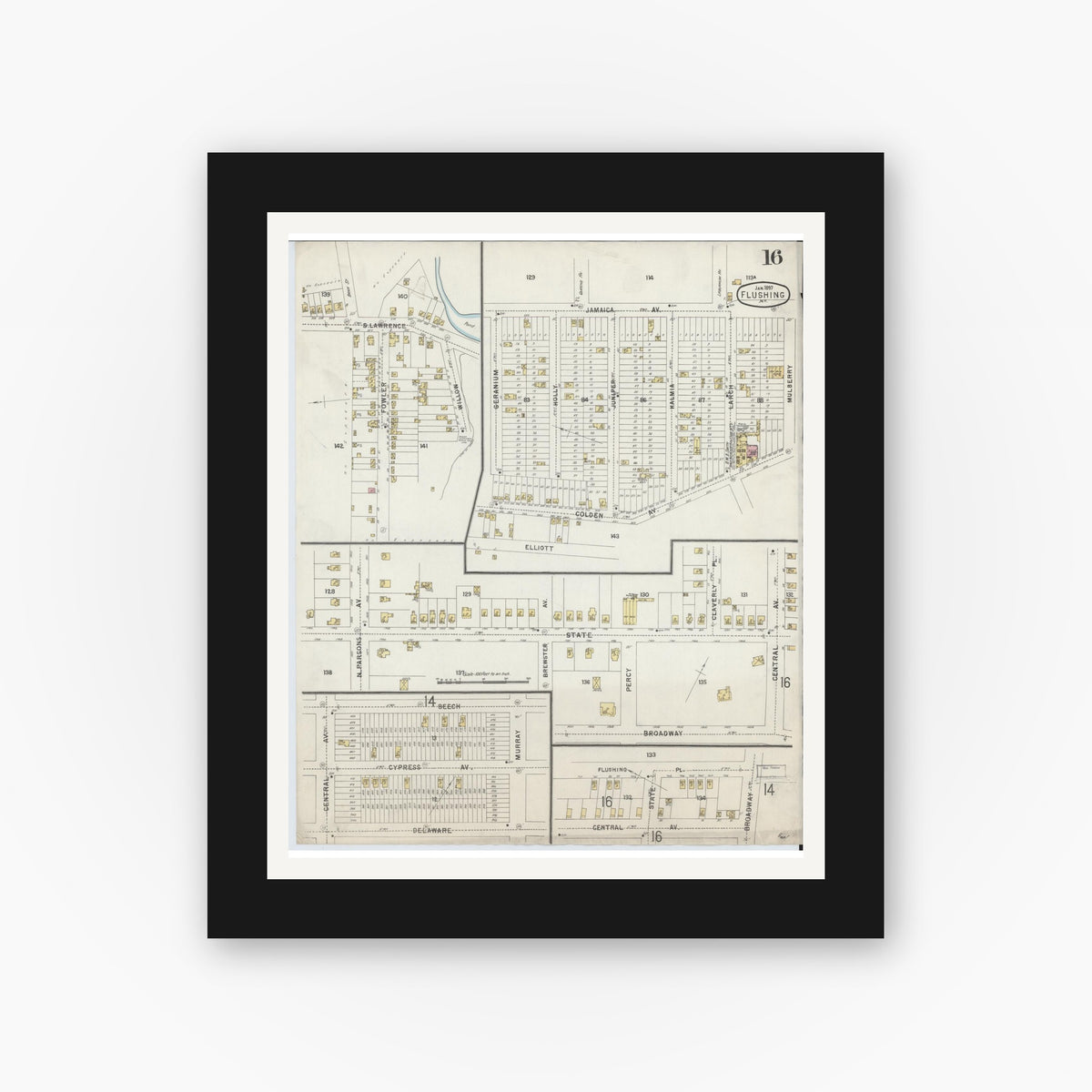 Old map wall art mockup — black gallery frame with white mat — Sanborn Fire Insurance Map from Flushing, Queens County, New York (1897), Sheet #0016