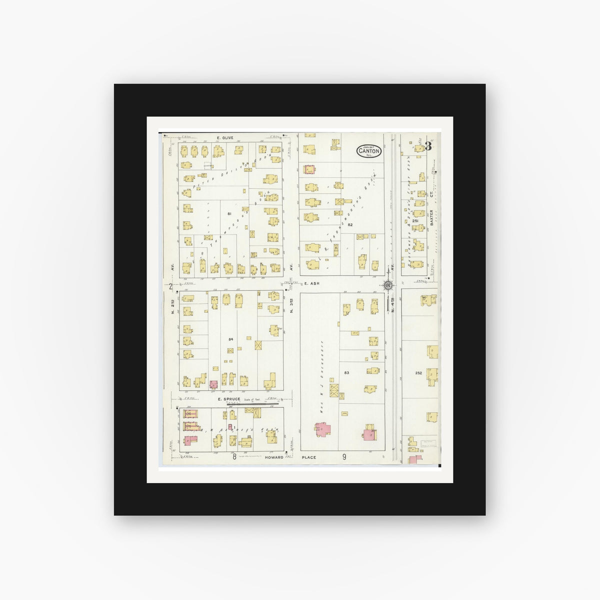 Old map wall art mockup — black gallery frame with white mat — Sanborn Fire Insurance Map from Canton, Fulton County, Illinois (1917), Sheet #0003