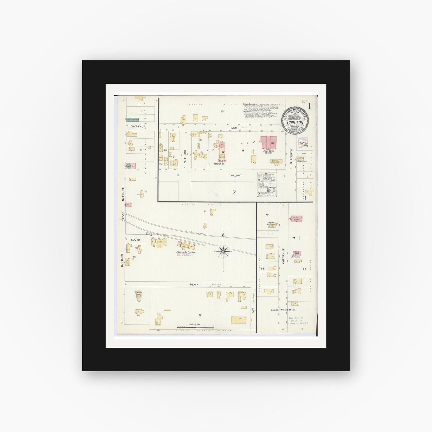 Old map wall art mockup — black gallery frame with white mat — Sanborn Fire Insurance Map from Carlton, Carlton County, Minnesota (1908) - Complete Map Set