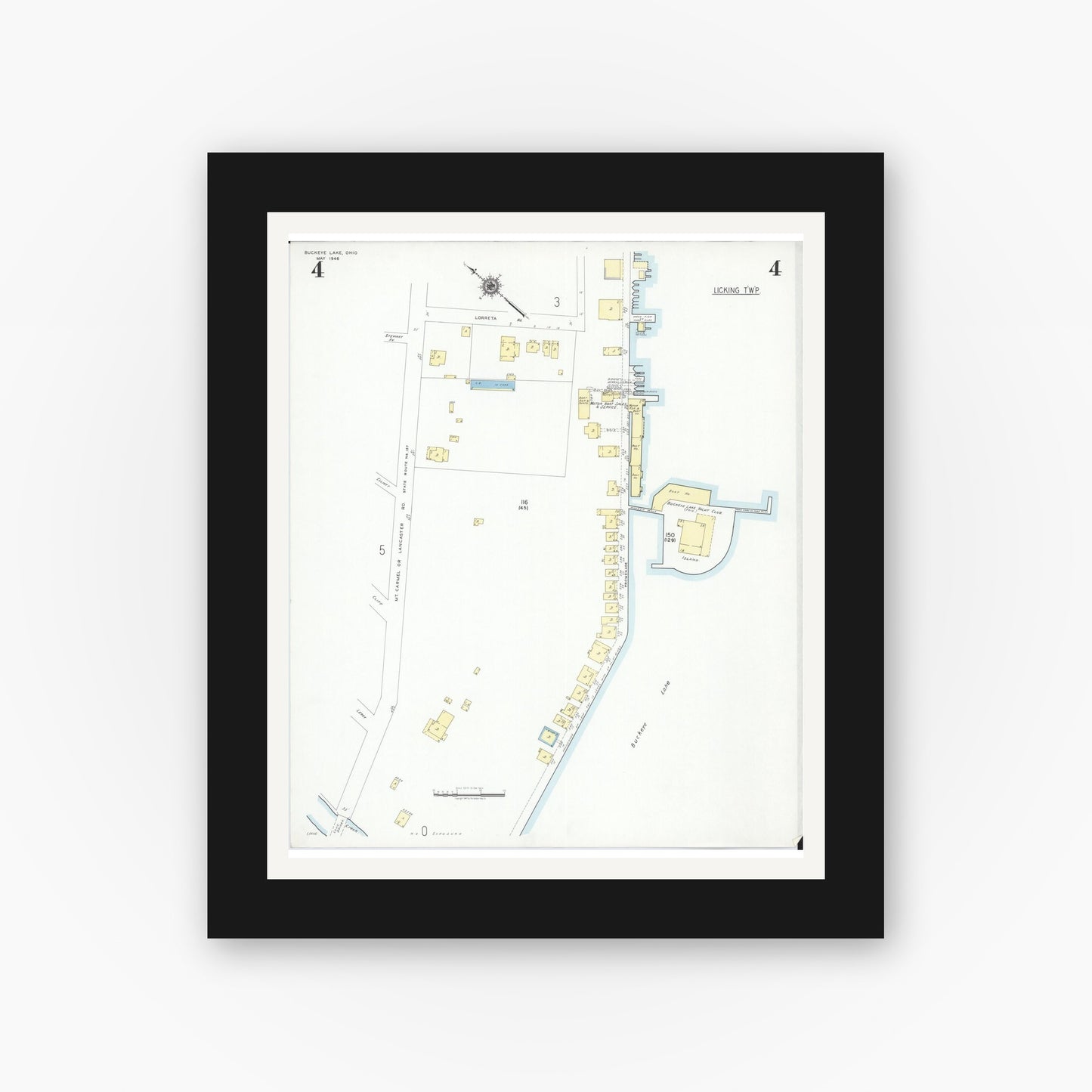 Old map wall art mockup — black gallery frame with white mat — Sanborn Fire Insurance Map from Buckeye Lake, Licking County, Ohio (1946), Sheet #0004