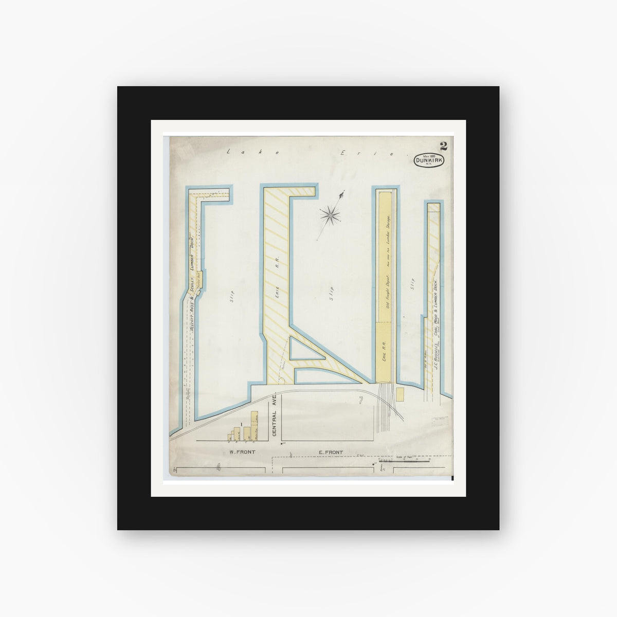Old map wall art mockup — black gallery frame with white mat — Sanborn Fire Insurance Map from Dunkirk, Chautauqua County, New York (1893) - Complete Map Set