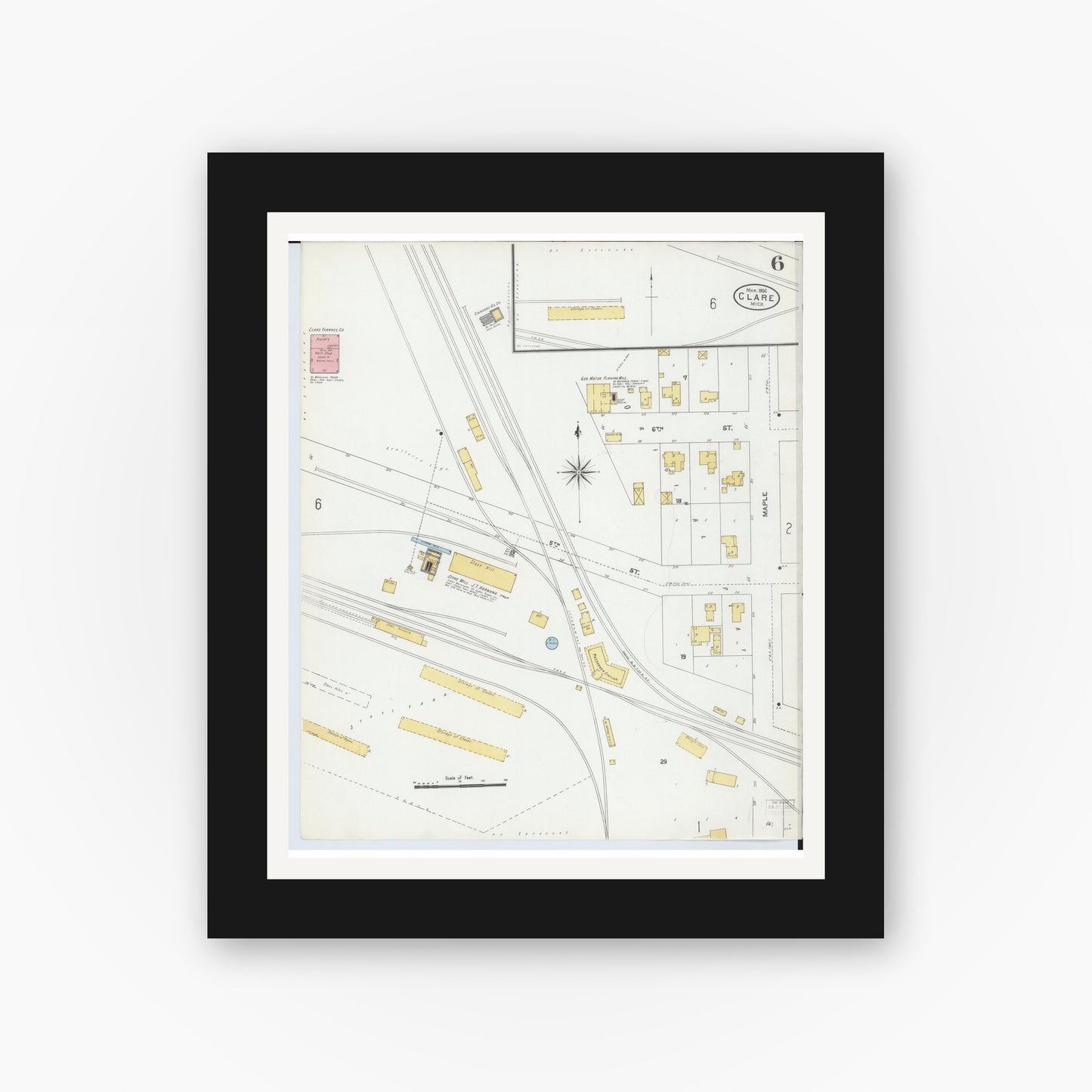 Old map wall art mockup — black gallery frame with white mat — Sanborn Fire Insurance Map from Clare, Clare County, Michigan (1906), Sheet #0006