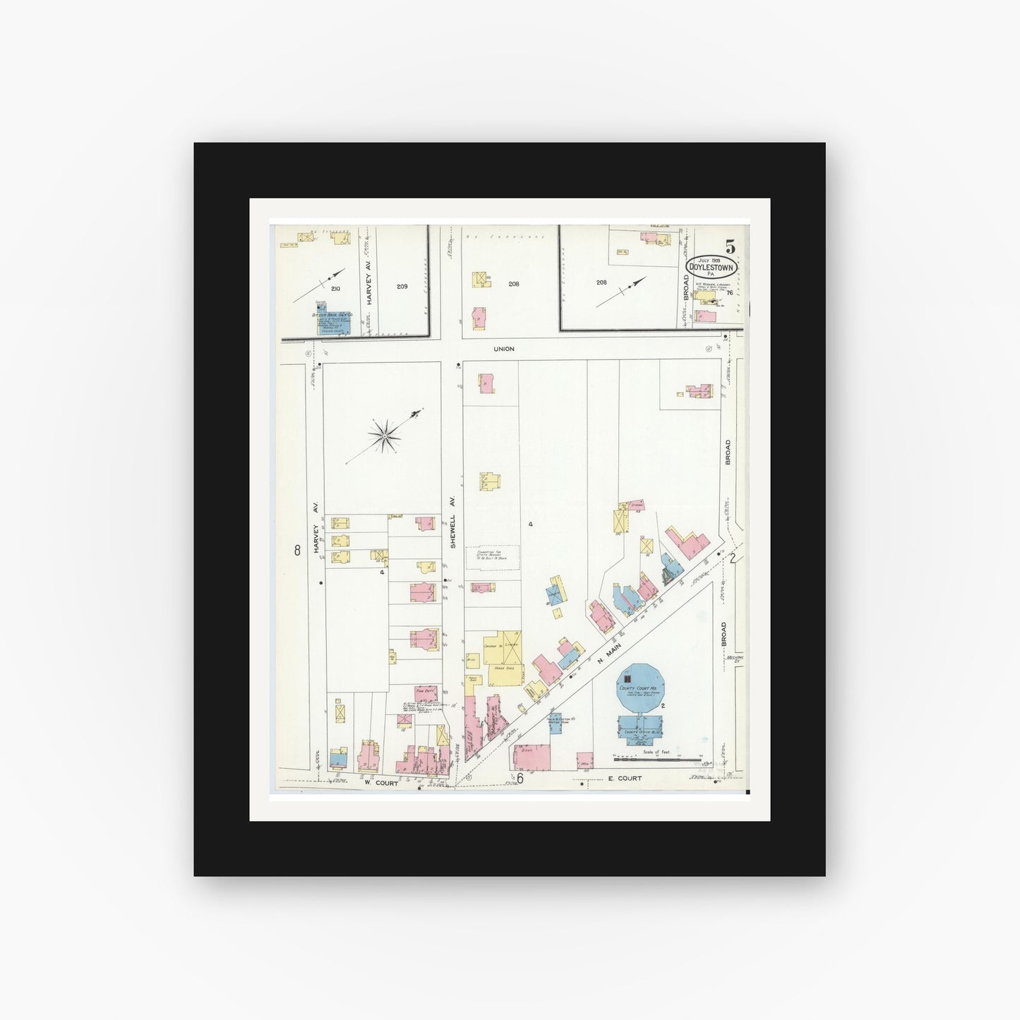 Old map wall art mockup — black gallery frame with white mat — Sanborn Fire Insurance Map from Doylestown, Bucks County, Pennsylvania (1909), Sheet #0005