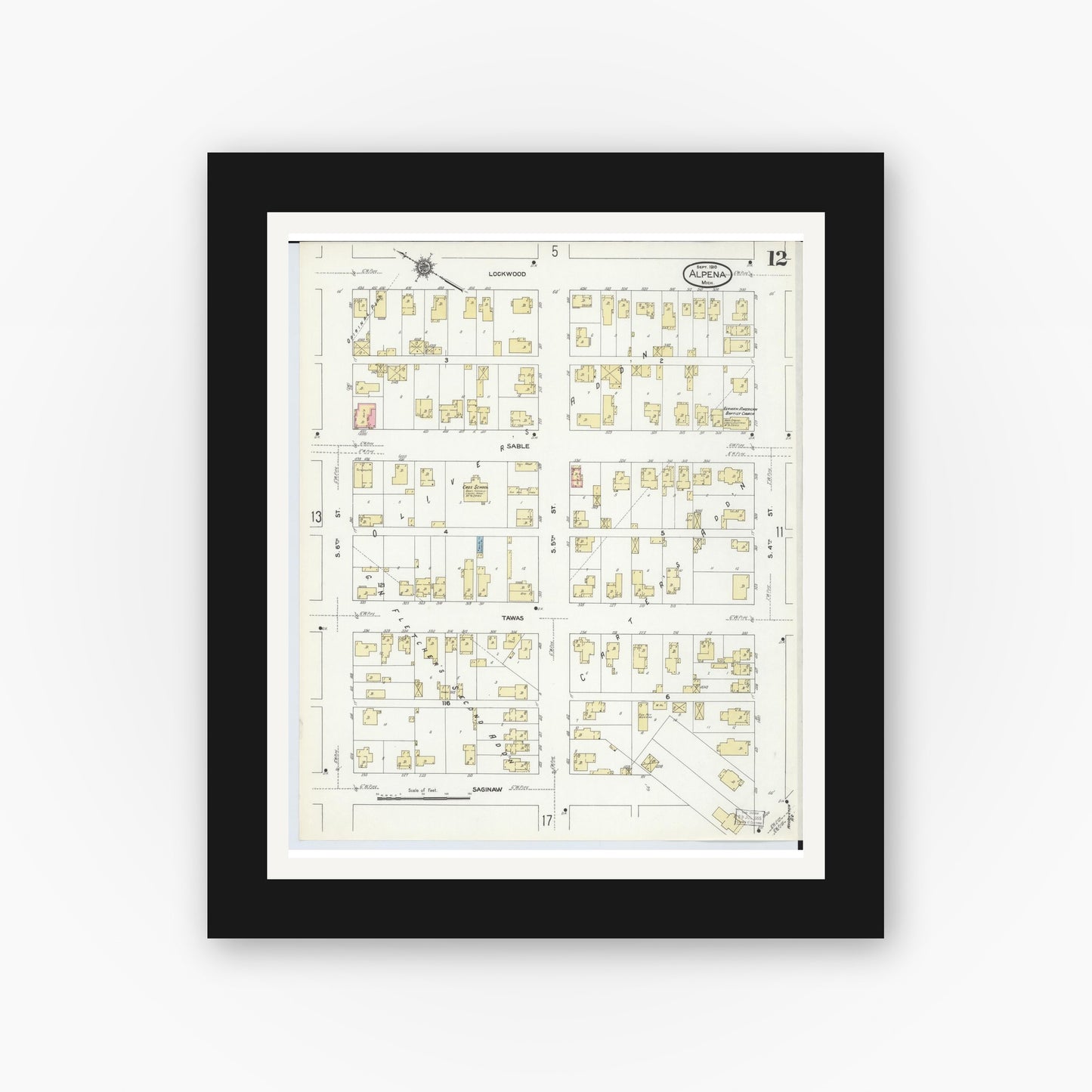Old map wall art mockup — black gallery frame with white mat — Sanborn Fire Insurance Map from Alpena, Alpena County, Michigan (1910), Sheet #0012