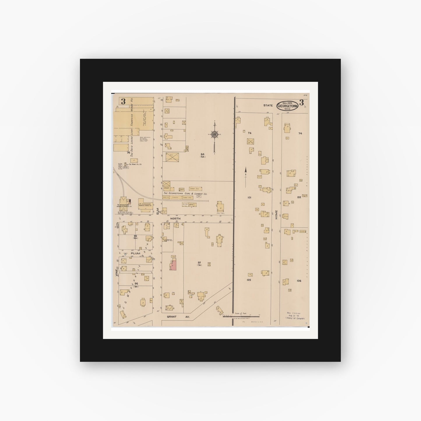 Old map wall art mockup — black gallery frame with white mat — Sanborn Fire Insurance Map from Georgetown, Brown County, Ohio (1922), Sheet #0003