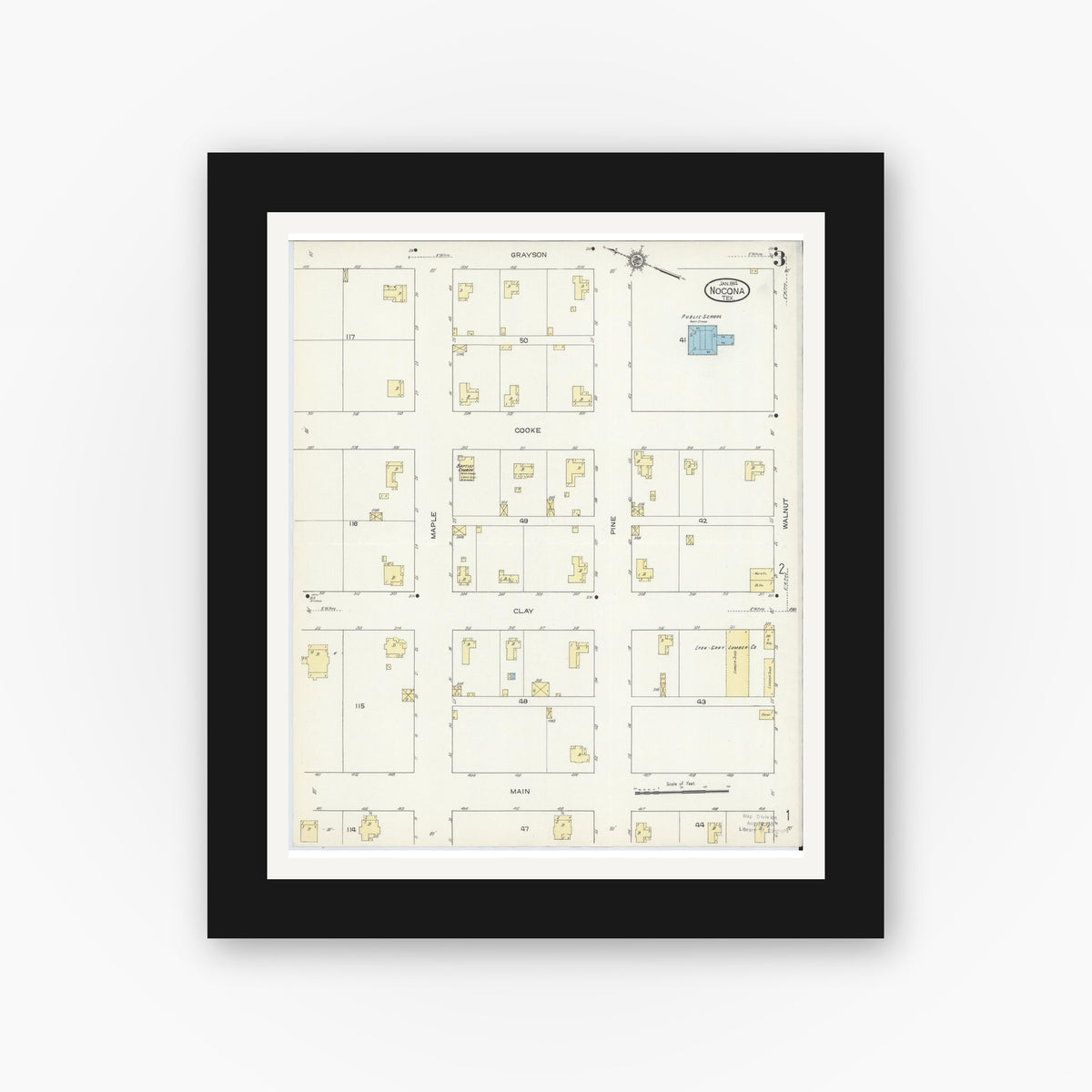 Old map wall art mockup — black gallery frame with white mat — Sanborn Fire Insurance Map from Nocona, Montague County, Texas (1914), Sheet #0003