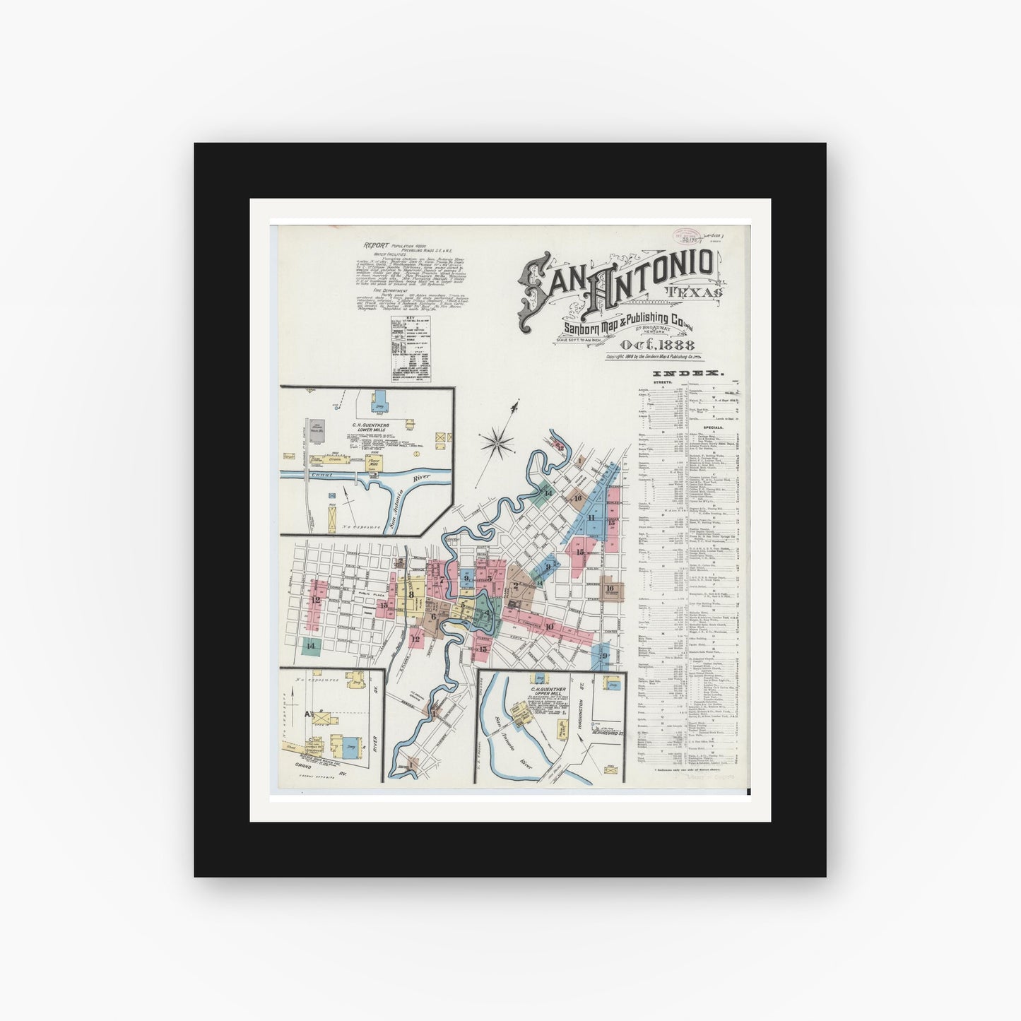 Old map wall art mockup — black gallery frame with white mat — Sanborn Fire Insurance Map from San Antonio, Bexar County, Texas (1888), Sheet #0001