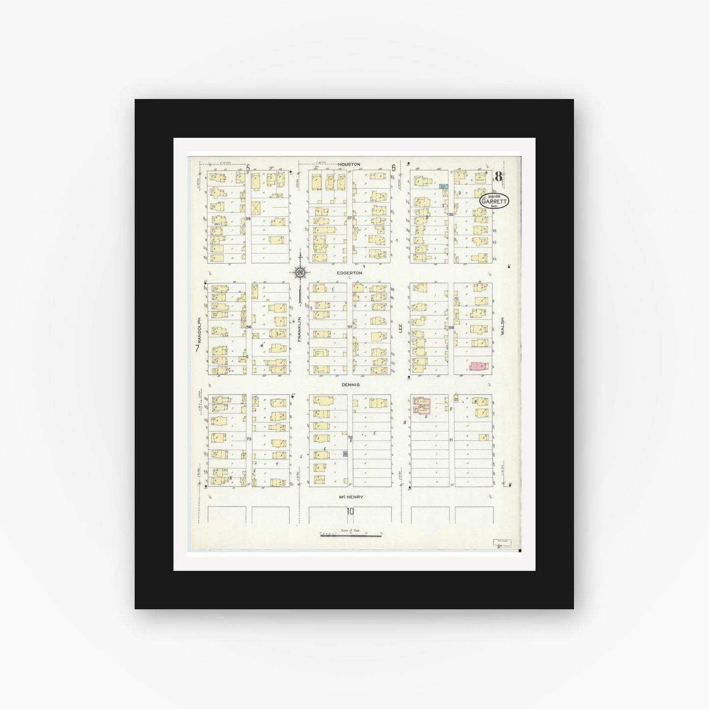 Old map wall art mockup — black gallery frame with white mat — Sanborn Fire Insurance Map from Garrett, De Kalb County, Indiana (1914), Sheet #0008