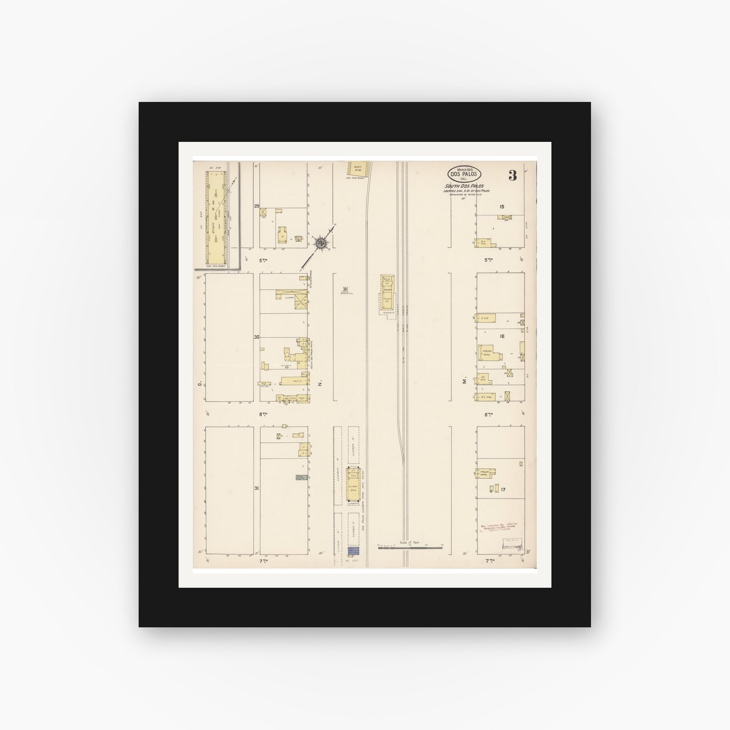 Old map wall art mockup — black gallery frame with white mat — Sanborn Fire Insurance Map from Dos Palos, Merced County, California (1910), Sheet #0003