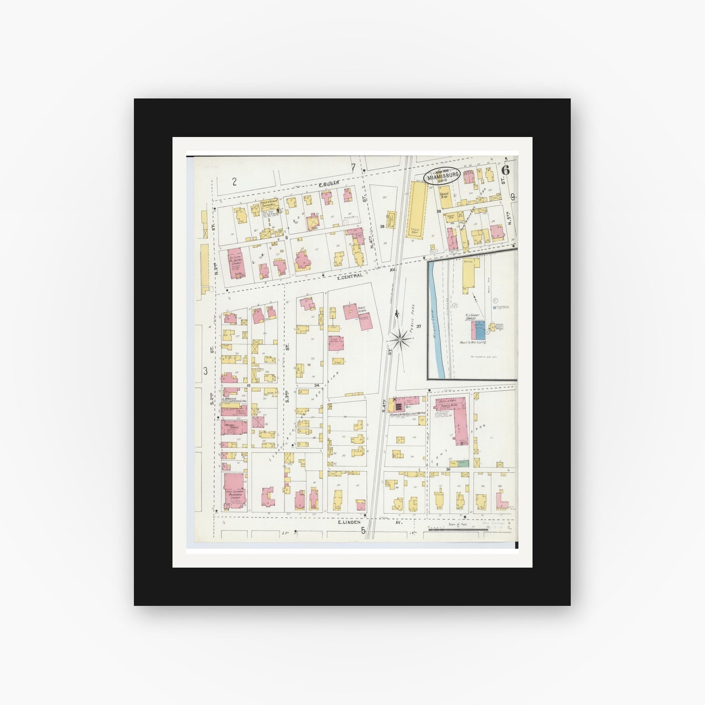 Old map wall art mockup — black gallery frame with white mat — Sanborn Fire Insurance Map from Miamisburg, Montgomery County, Ohio (1905), Sheet #0006