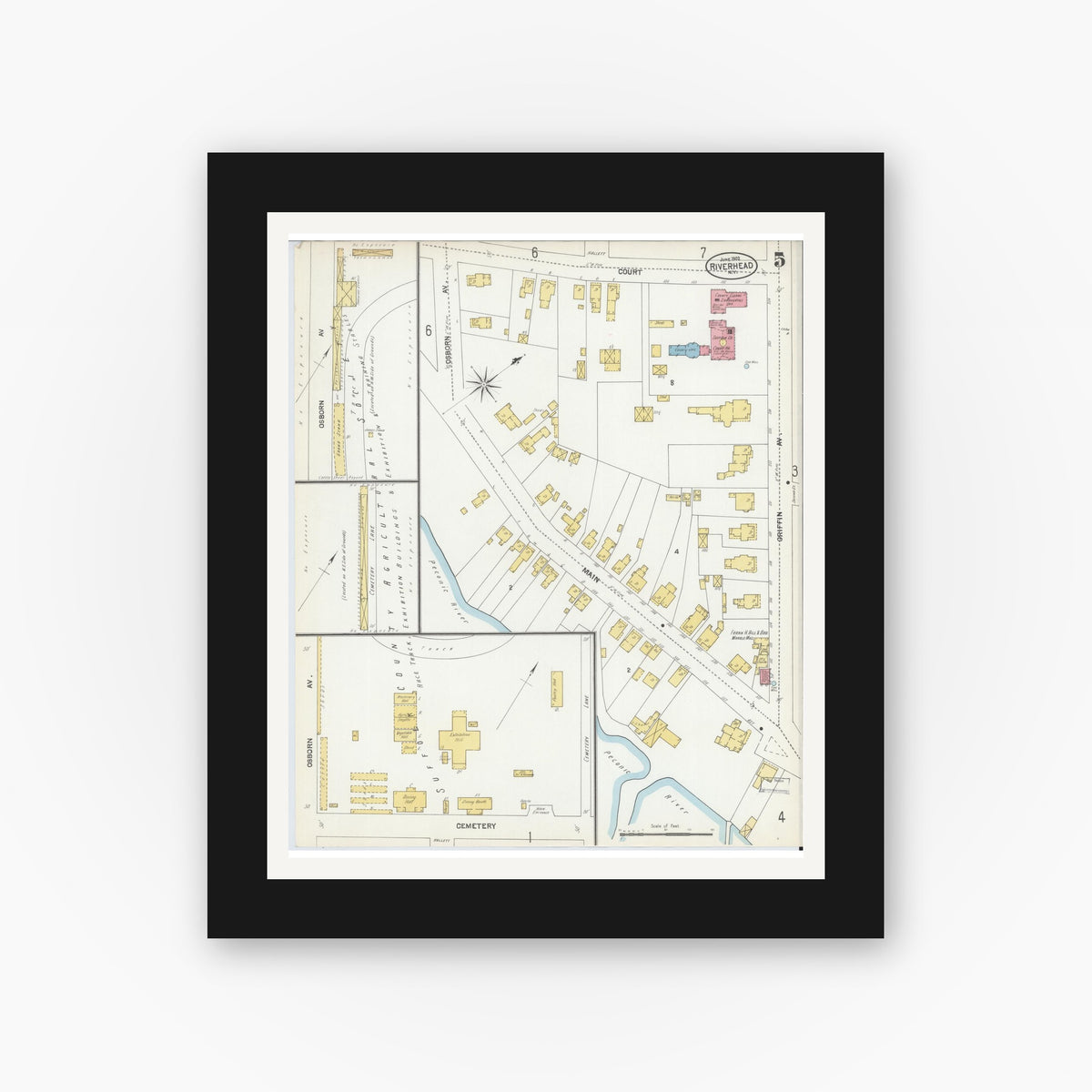 Old map wall art mockup — black gallery frame with white mat — Sanborn Fire Insurance Map from Riverhead, Suffolk County, New York (1902), Sheet #0005