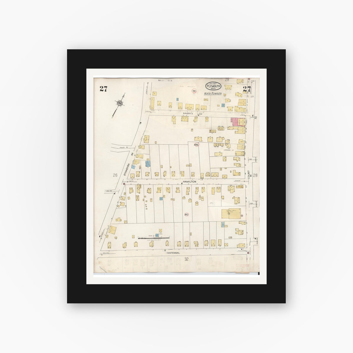 Old map wall art mockup — black gallery frame with white mat — Sanborn Fire Insurance Map from Plymouth, Plymouth County, Massachusetts (1948), Sheet #0027