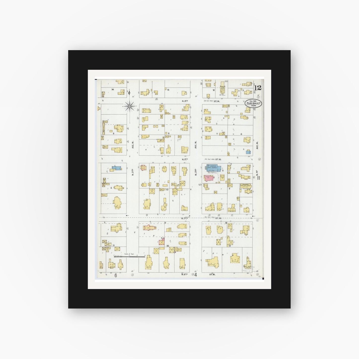 Old map wall art mockup — black gallery frame with white mat — Sanborn Fire Insurance Map from Faribault, Rice County, Minnesota (1905), Sheet #0012