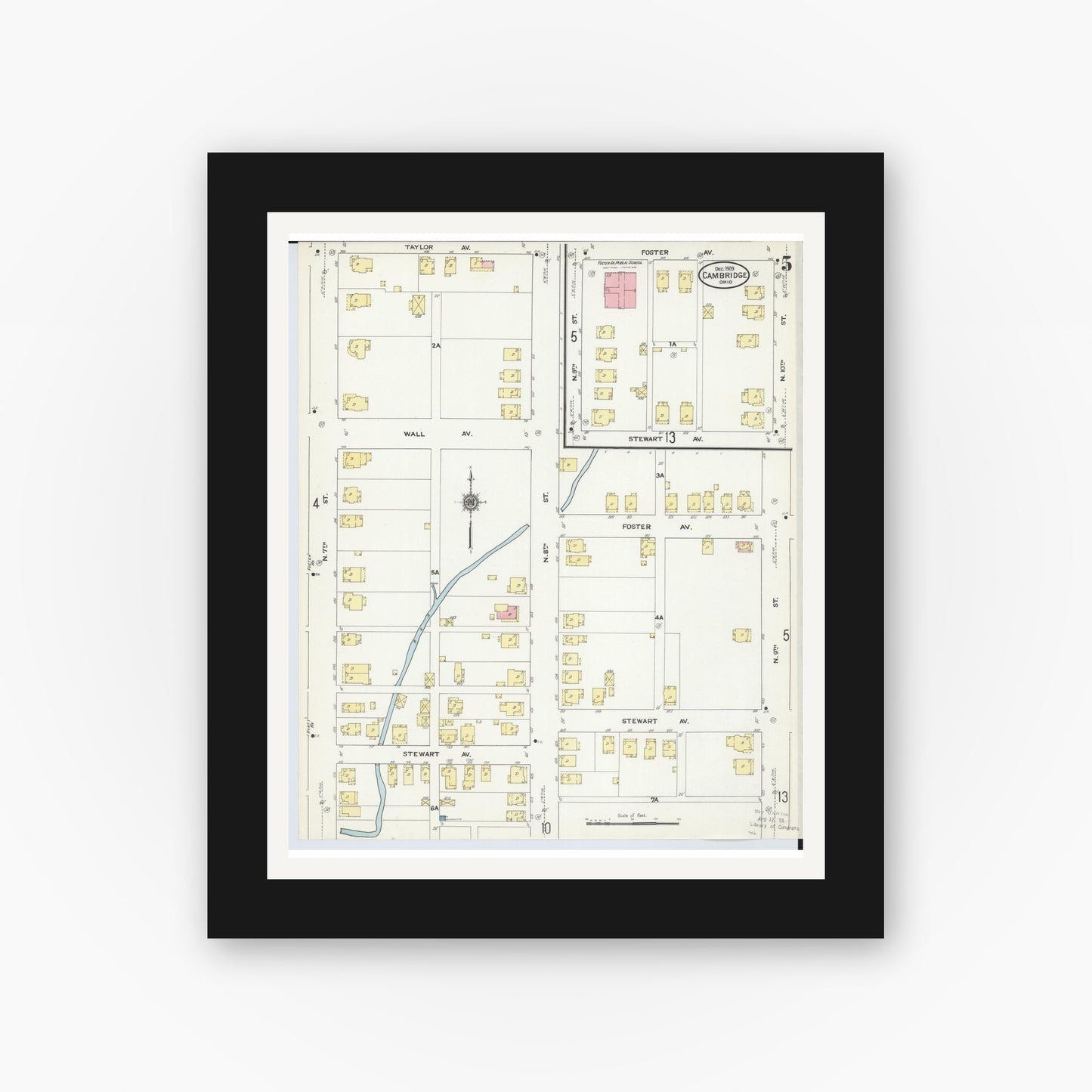 Old map wall art mockup — black gallery frame with white mat — Sanborn Fire Insurance Map from Cambridge, Guernsey County, Ohio (1909), Sheet #0005