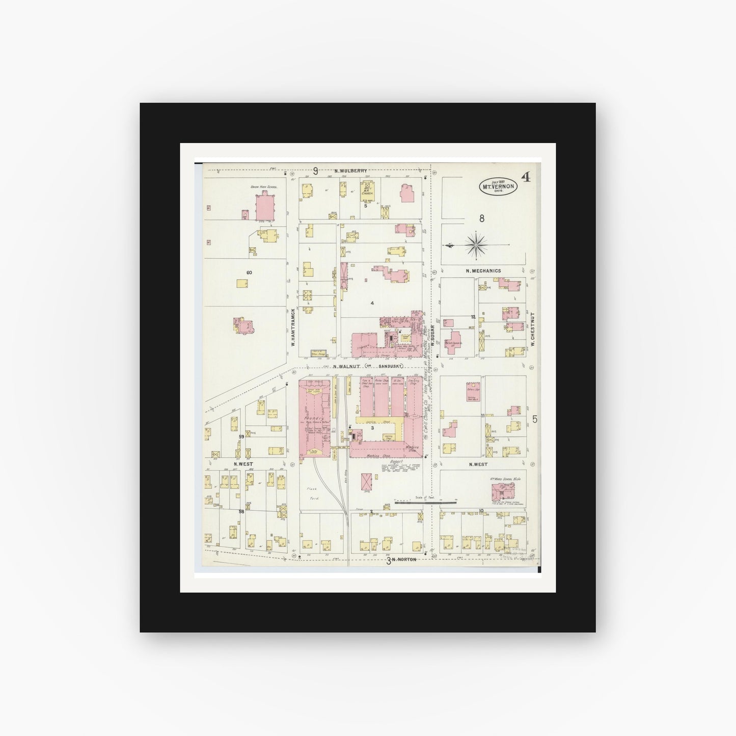 Old map wall art mockup — black gallery frame with white mat — Sanborn Fire Insurance Map from Mount Vernon, Knox County, Ohio (1897), Sheet #0004