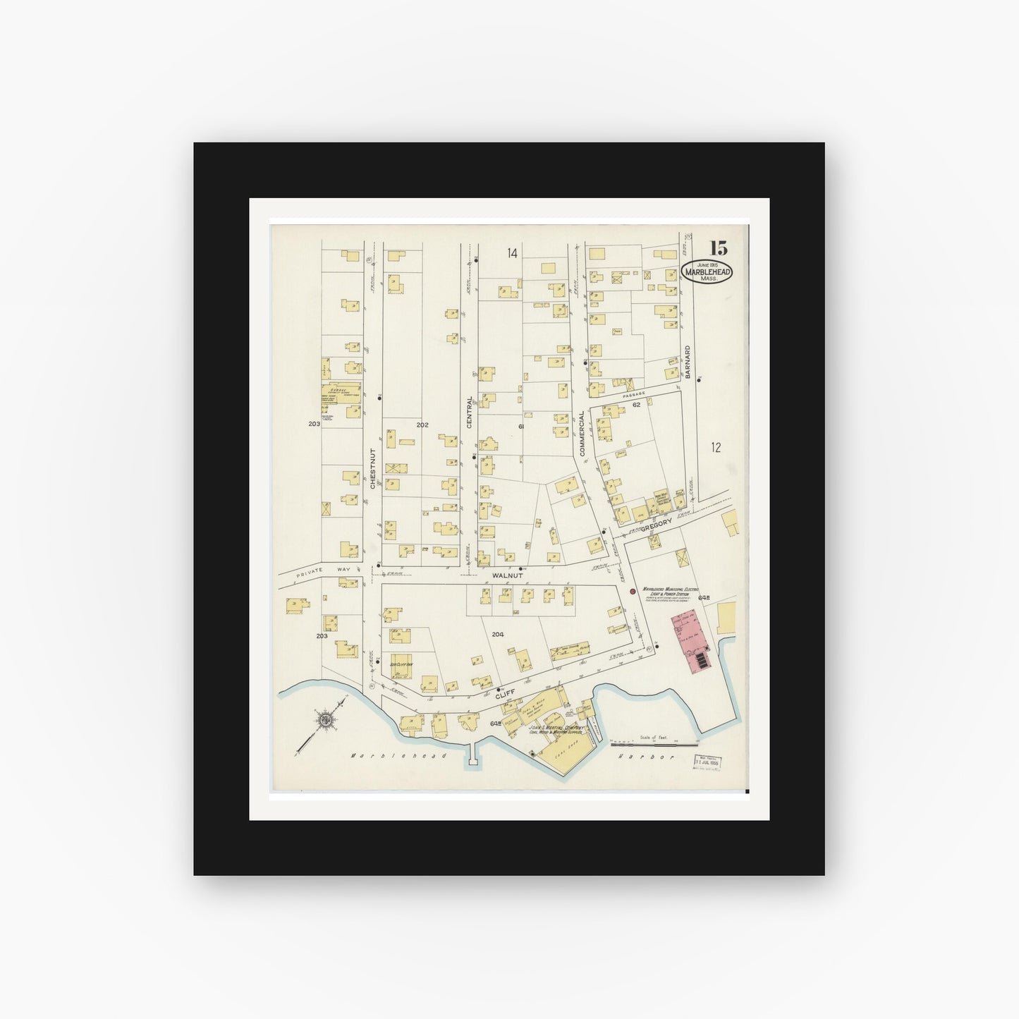 Old map wall art mockup — black gallery frame with white mat — Sanborn Fire Insurance Map from Marblehead, Essex County, Massachusetts (1915), Sheet #0015