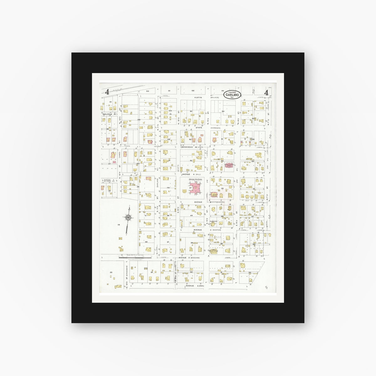 Old map wall art mockup — black gallery frame with white mat — Sanborn Fire Insurance Map from Garland, Dallas County, Texas (1928), Sheet #0004