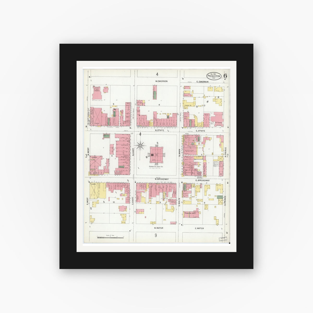 Old map wall art mockup — black gallery frame with white mat — Sanborn Fire Insurance Map from Princeton, Gibson County, Indiana (1900), Sheet #0006