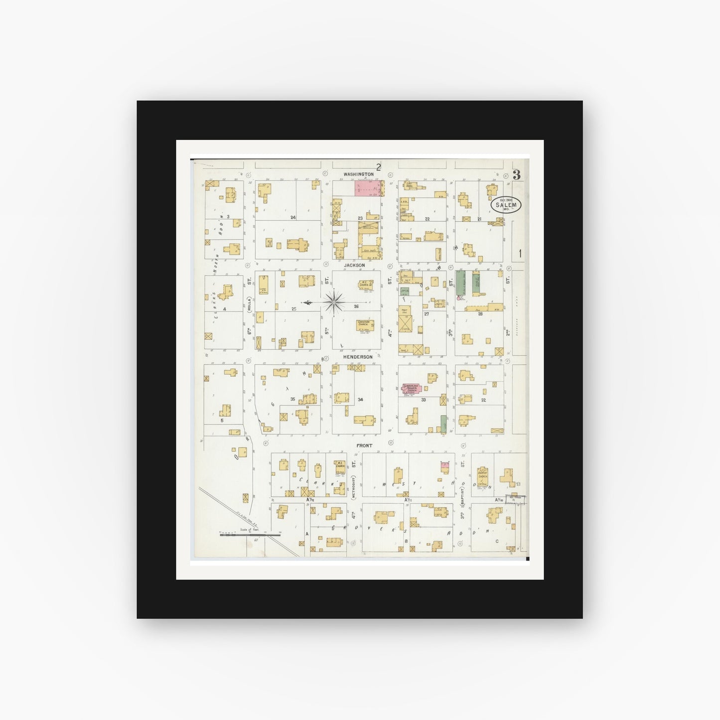 Old map wall art mockup — black gallery frame with white mat — Sanborn Fire Insurance Map from Salem, Dent County, Missouri (1900), Sheet #0003