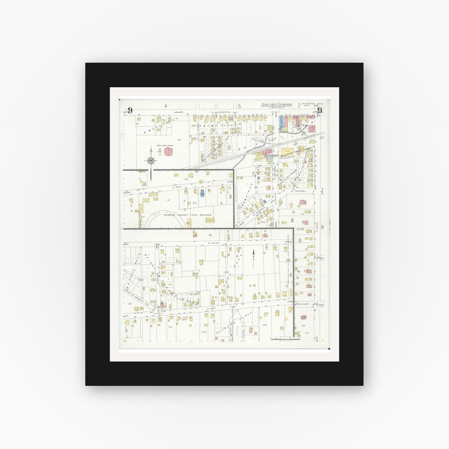 Old map wall art mockup — black gallery frame with white mat — Sanborn Fire Insurance Map from Wilmington, Clinton County, Ohio (1933), Sheet #0009