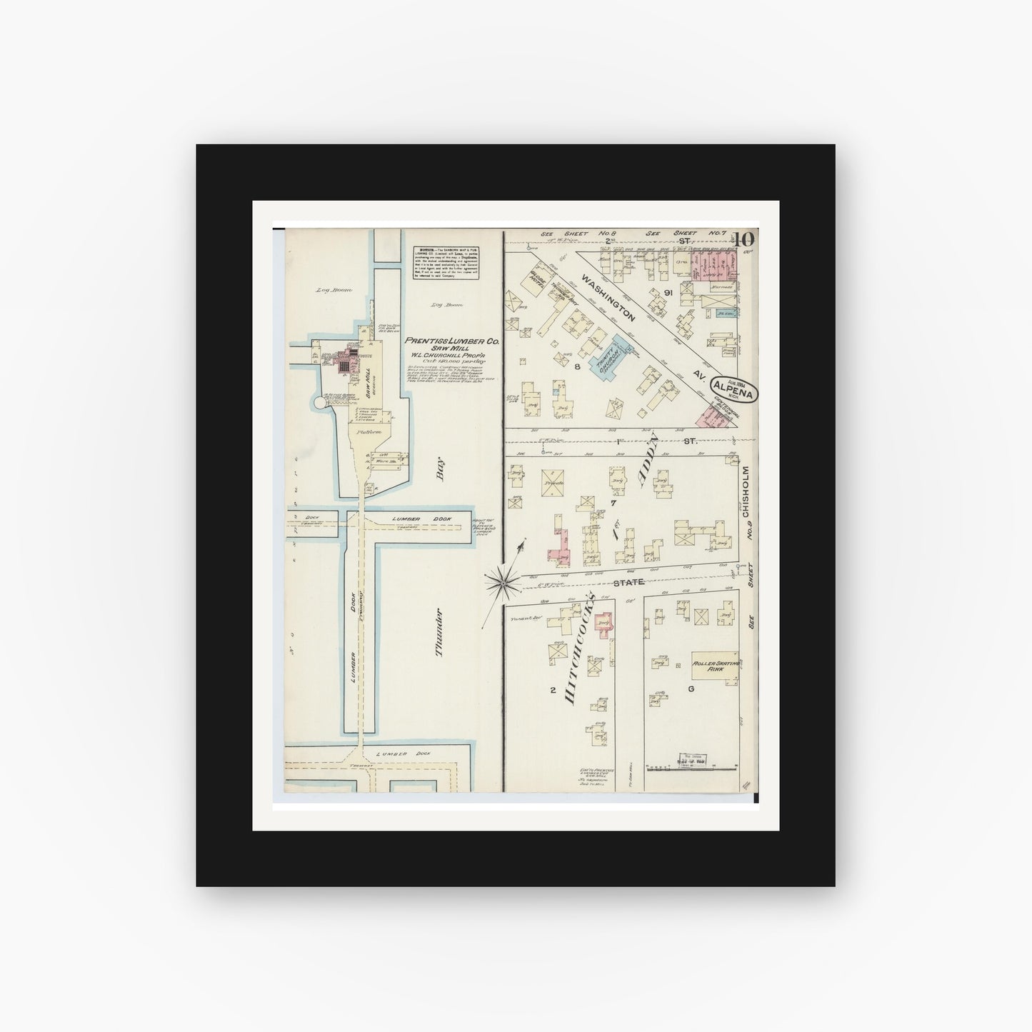 Old map wall art mockup — black gallery frame with white mat — Sanborn Fire Insurance Map from Alpena, Alpena County, Michigan (1884), Sheet #0010