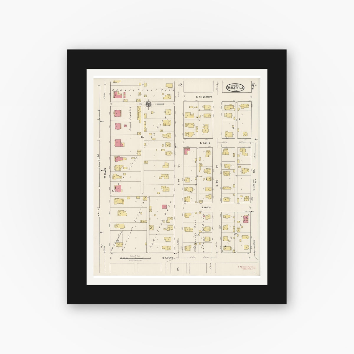 Old map wall art mockup — black gallery frame with white mat — Sanborn Fire Insurance Map from Shelbyville, Shelby County, Illinois (1922), Sheet #0007