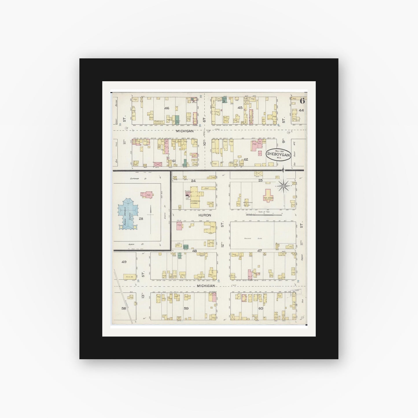 Old map wall art mockup — black gallery frame with white mat — Sanborn Fire Insurance Map from Sheboygan, Sheboygan County, Wisconsin (1887), Sheet #0006