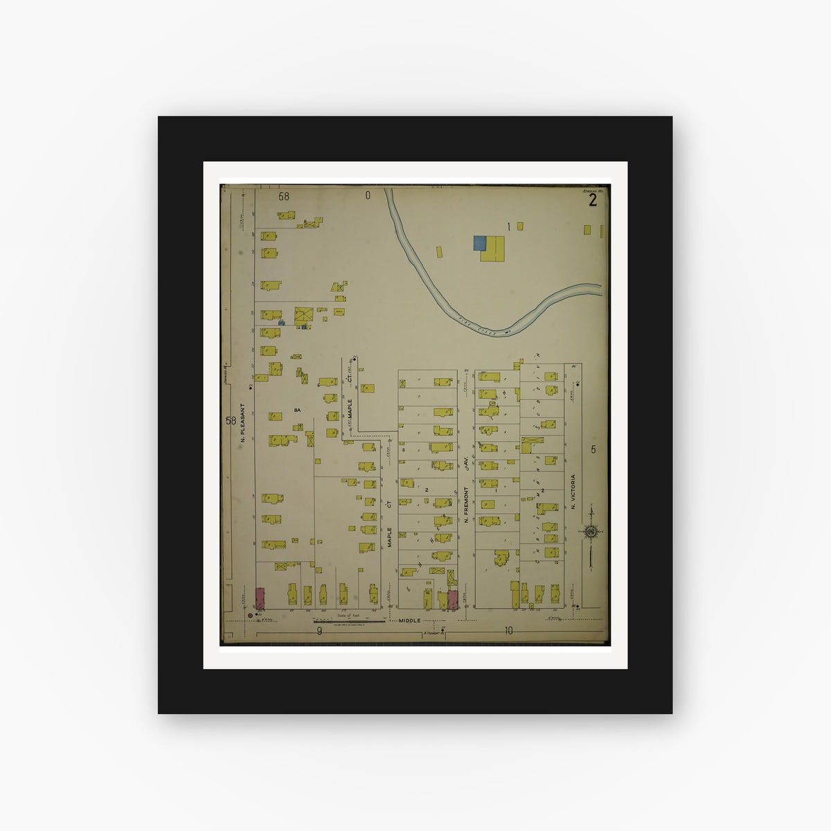 Old map wall art mockup — black gallery frame with white mat — Sanborn Fire Insurance Map from Kenosha, Kenosha County, Wisconsin. (1918), Sheet 6