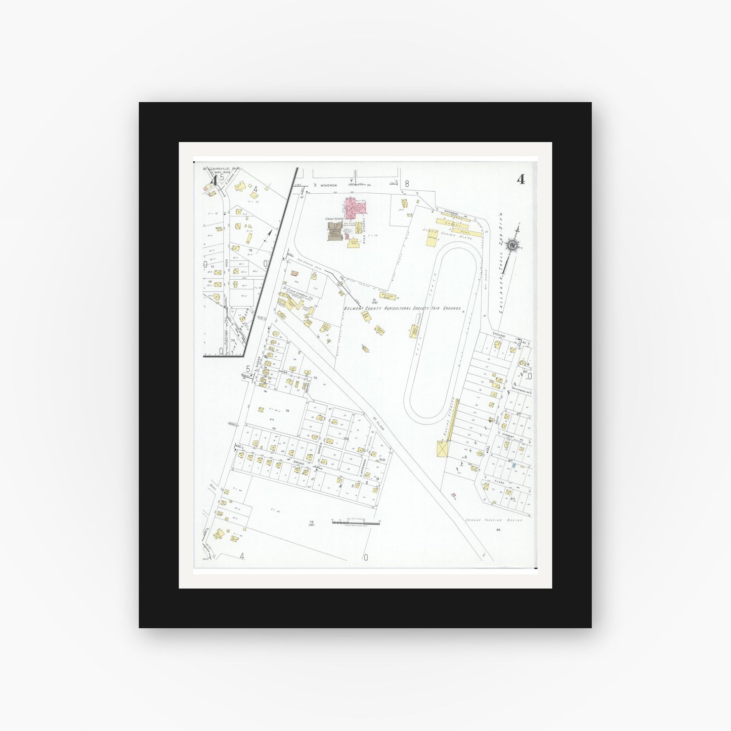 Old map wall art mockup — black gallery frame with white mat — Sanborn Fire Insurance Map from Saint Clairsville, Belmont County, Ohio (1946), Sheet #0004