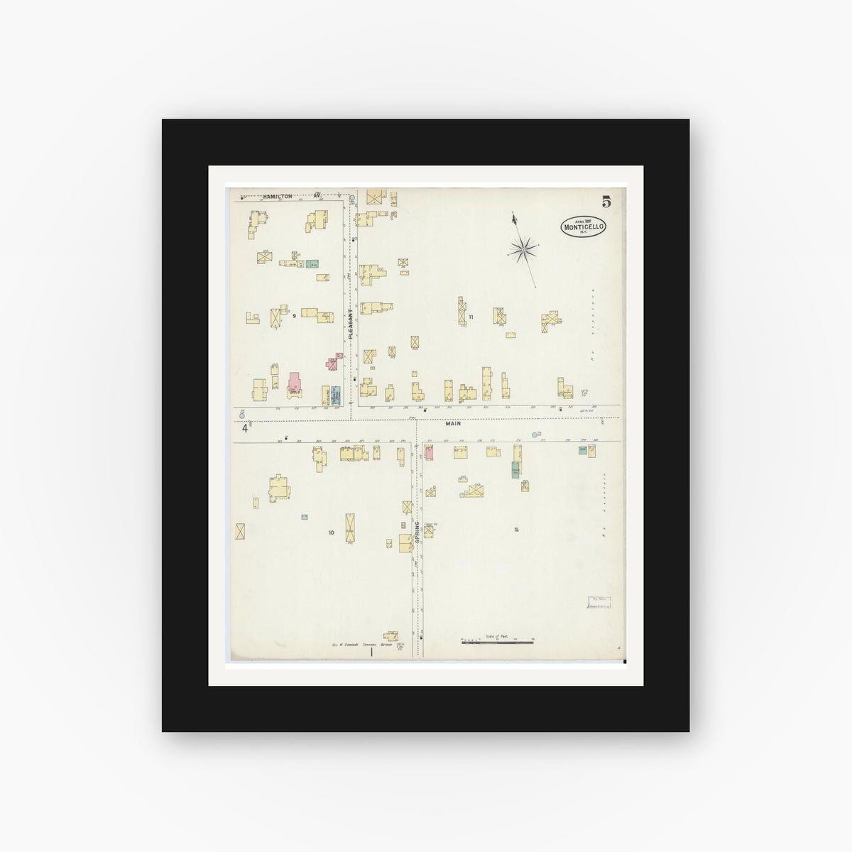 Old map wall art mockup — black gallery frame with white mat — Sanborn Fire Insurance Map from Monticello, Sullivan County, New York (1897), Sheet #0005